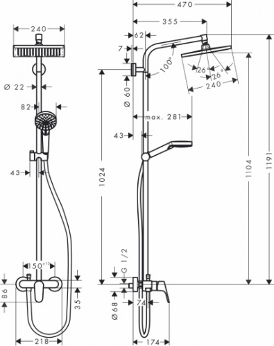 Душевая стойка Hansgrohe Crometta E 240 1jet Showerpipe 27284000 фото 2