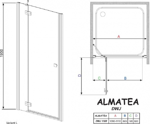 Душевая дверь в нишу Radaway Almatea DWJ 110 прозрачное стекло L фото 2