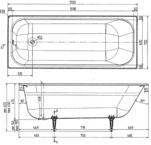 Wotte Start 1700х700х458  ванна чугунная (БП-э00д1139) фото 3