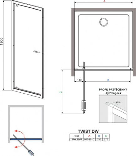 Душевая дверь в нишу Radaway Twist 100 прозрачное стекло фото 2